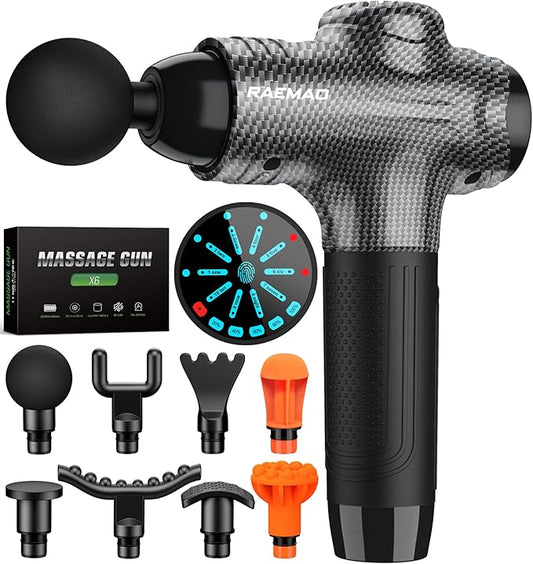 RAEMAO Massage Gun, Massage Gun Deep Tissue, Back Massage Gun for Athletes for Pain Relief Attaching 10 PCS Replacement Heads, Percussion Massager with 10 Speeds & LED Screen, Carbon
