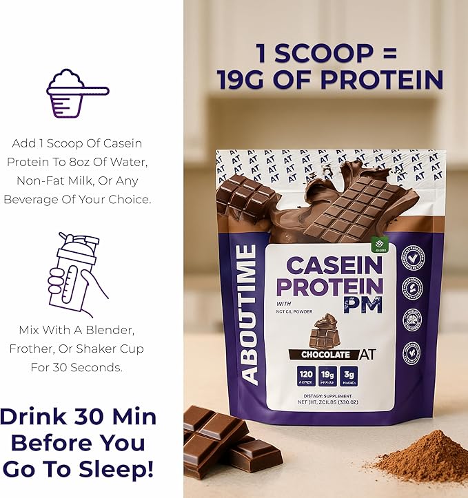 About Time Casein Protein Chocolate, 19g Protein, Nighttime Recovery Formula, No Artificial Sweeteners, No Growth Hormones