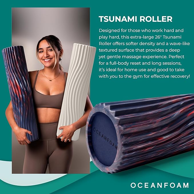 Oceanfoam Tsunami Roller (Dark Navy, Red & Natural Marbled) - Soft, Textured Foam Roller for Physical Therapy, Back Pain, Yoga, Exercise & Stretching - Wave Textured - Extra-Large 26" x 5.9"
