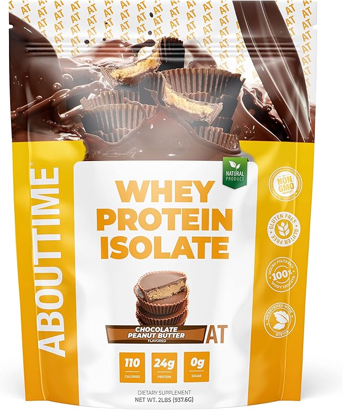 About Time Whey Protein Isolate Powder 24g Chocolate Peanut Butter, Natural Ingredients, Non-GMO, Gluten-Free, Lactose-Free, Zero Sugar, Low Carb, 32 Servings