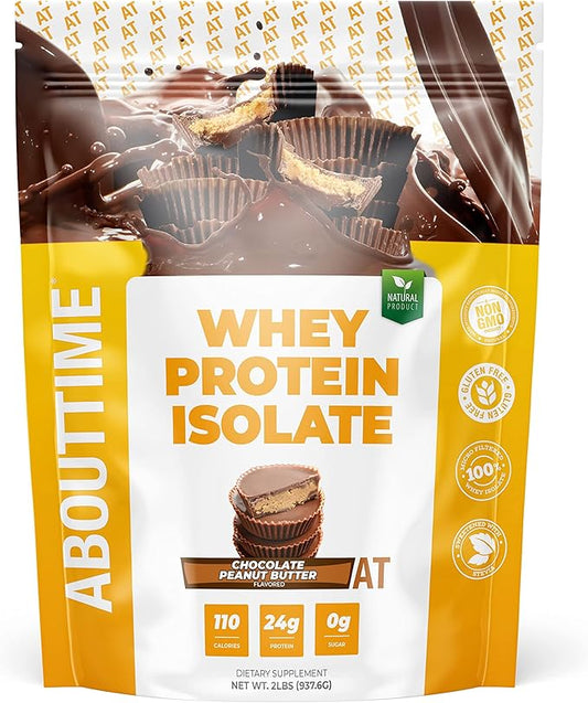 About Time Whey Protein Isolate Powder 24g Chocolate Peanut Butter, Natural Ingredients, Non-GMO, Gluten-Free, Lactose-Free, Zero Sugar, Low Carb, 32 Servings