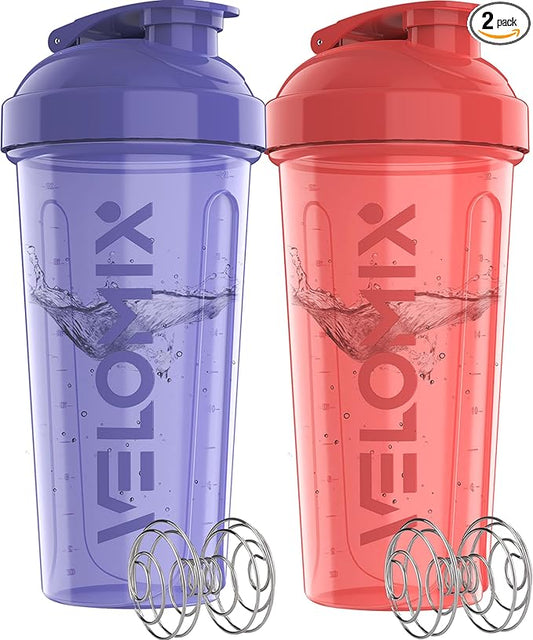 -2 Pack- 28 oz Protein Shaker Bottles for Protein Mixes - 2x Wire Whisk | Leak Proof Shaker Cups for Protein Shakes and Pre Workout | Protein Shaker Bottle Pack (Pink/Purple)