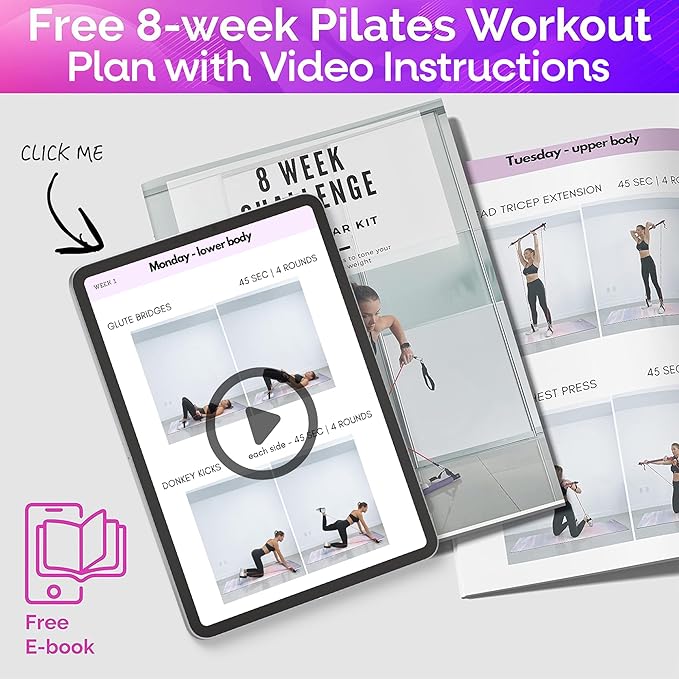 Portable Pilates Bar Kit with Resistance Bands (20, 30, 40, 50 LB) - 8 Week Video Program - Premium Quality Home Equipment 3 Section Pilates Bar with Resistance Bands Full-Body