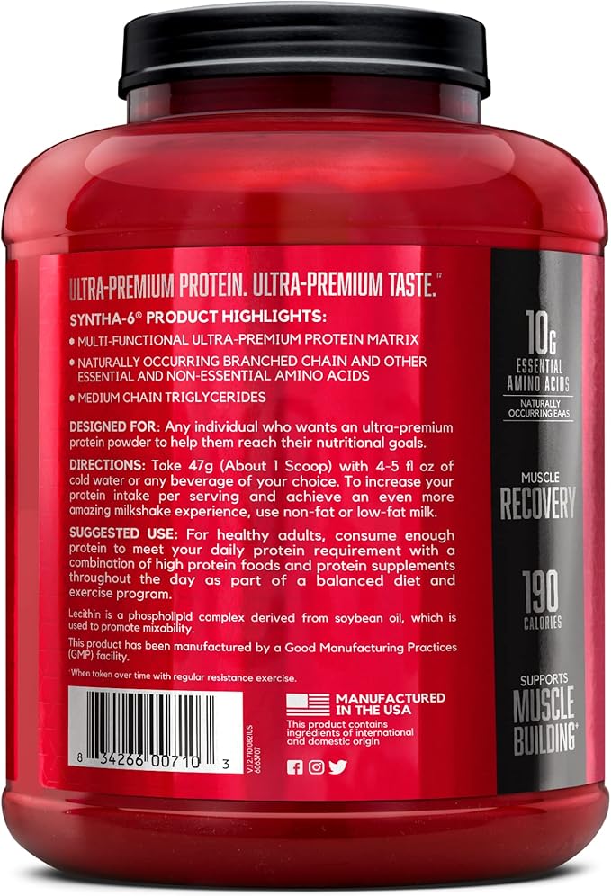 BSN SYNTHA-6 Whey Protein Powder, Micellar Casein, Milk Protein Isolate Powder, Vanilla Ice Cream, 5 Pounds, 48 Servings (Pack of 1) - Package May Vary