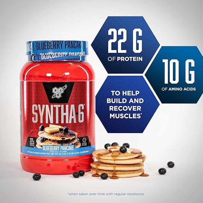 BSN SYNTHA-6 Premium Protein Powder with 6g of Fiber, Whey Protein, Micellar Casein, Milk Protein Isolate Blend, 5g Fat, Blueberry Pancake, 28 Servings (Packaging May Vary)
