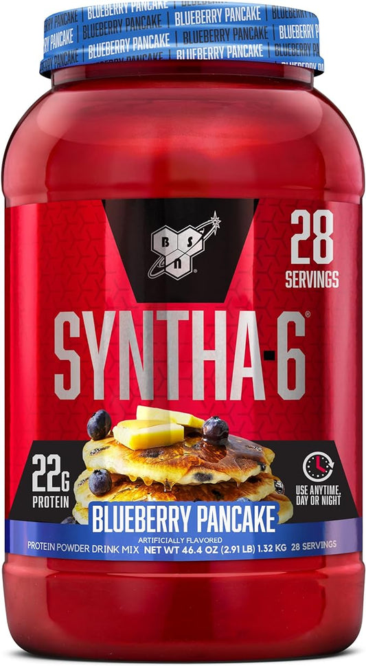 BSN SYNTHA-6 Premium Protein Powder with 6g of Fiber, Whey Protein, Micellar Casein, Milk Protein Isolate Blend, 5g Fat, Blueberry Pancake, 28 Servings (Packaging May Vary)