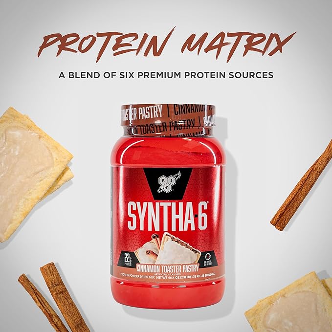 BSN SYNTHA-6 Premium Protein Powder with 6g of Fiber, Whey Protein, Micellar Casein, Milk Protein Isolate Blend, 5g Fat, Cinnamon Toaster Pastry, 28 Servings (Packaging May Vary)