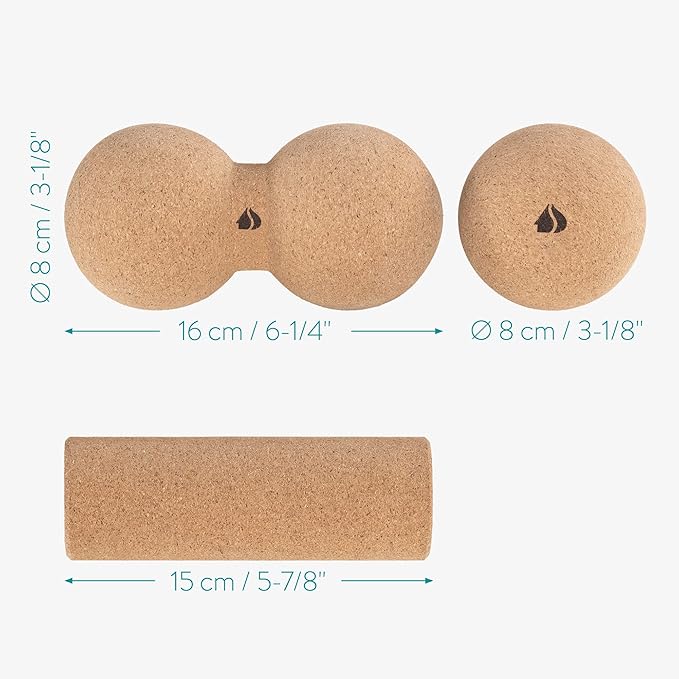 Navaris Cork Massage Roller Ball Set (3 Pieces) - Includes Cork Peanut Roller, Cork Massage Ball, Cork Mini Roller - Rollers for Back and Muscles