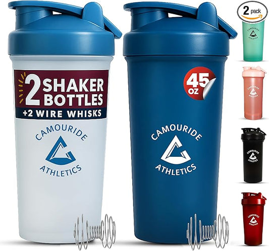 2 Pack 45 oz Protein Shaker Bottles with Wire Whisk – BPA-Free, Leak-Proof Shaker Cups for Protein Shakes & Smoothies – Large Plastic Mixer Bottle – Classic White & Cobalt Blue
