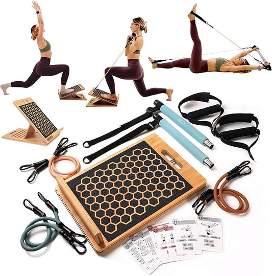 3-in-1 Workout Kit by Sage London - Premium Bamboo Slant Board, Pilates Bar Kit with Resistance Bands & 54 Exercise Cards for Home Workouts, Calf Stretcher, Squats, and Pilates Training