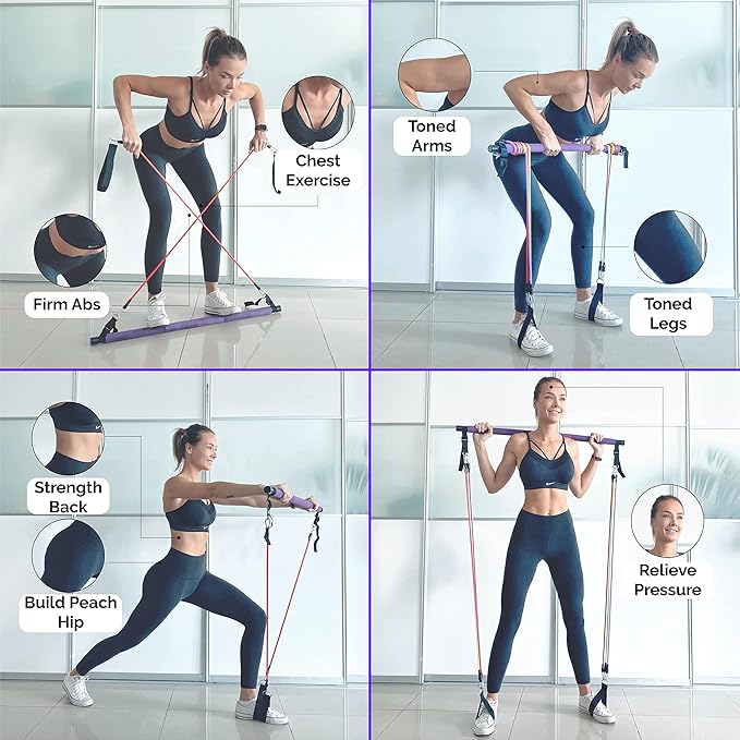 Portable Pilates Bar Kit with Resistance Bands (20, 30, 40, 50 LB) - 8 Week Video Program - Premium Quality Home Equipment 3 Section Pilates Bar with Resistance Bands Full-Body