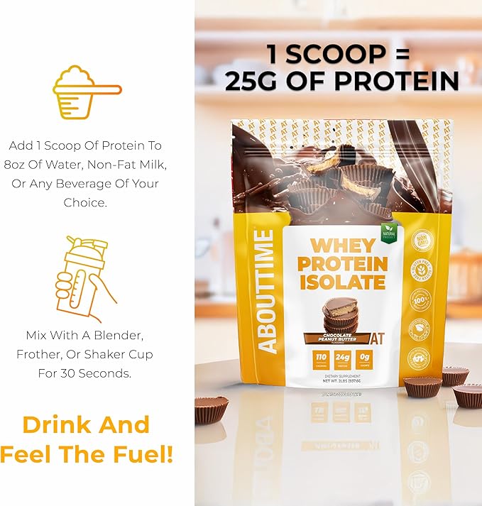 About Time Whey Protein Isolate Powder 24g Chocolate Peanut Butter, Natural Ingredients, Non-GMO, Gluten-Free, Lactose-Free, Zero Sugar, Low Carb, 32 Servings